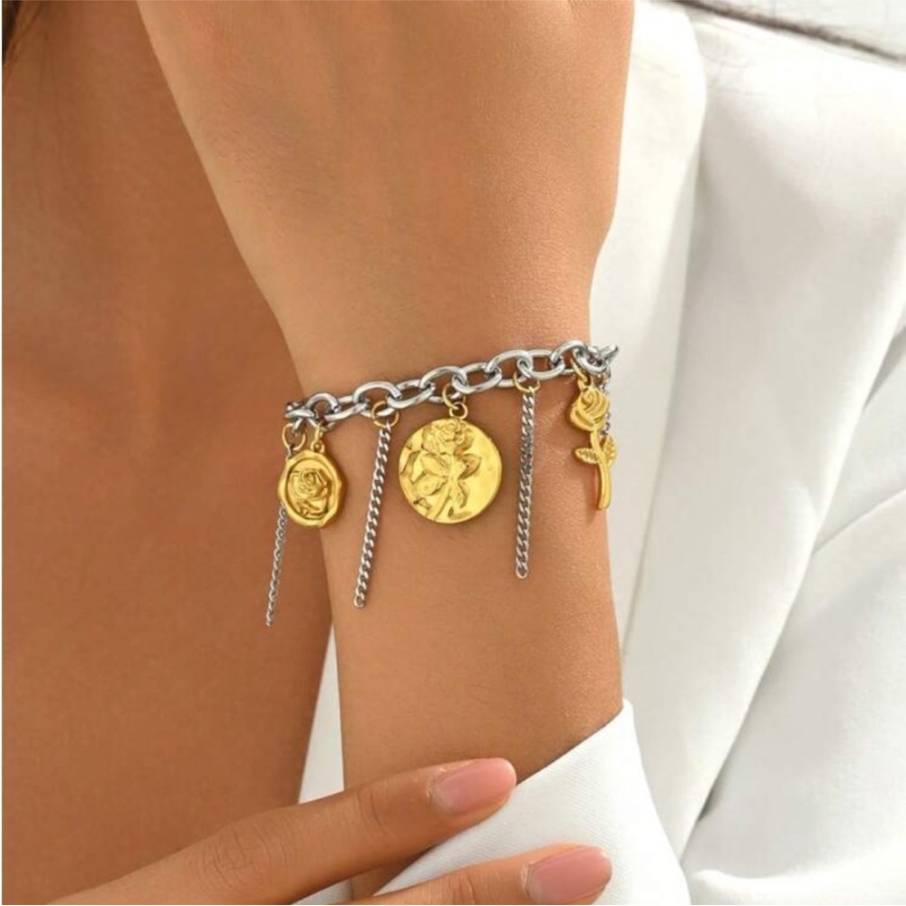 Gold and Silver Floral Charms Tassel Rollo Chain Statement Bracelet